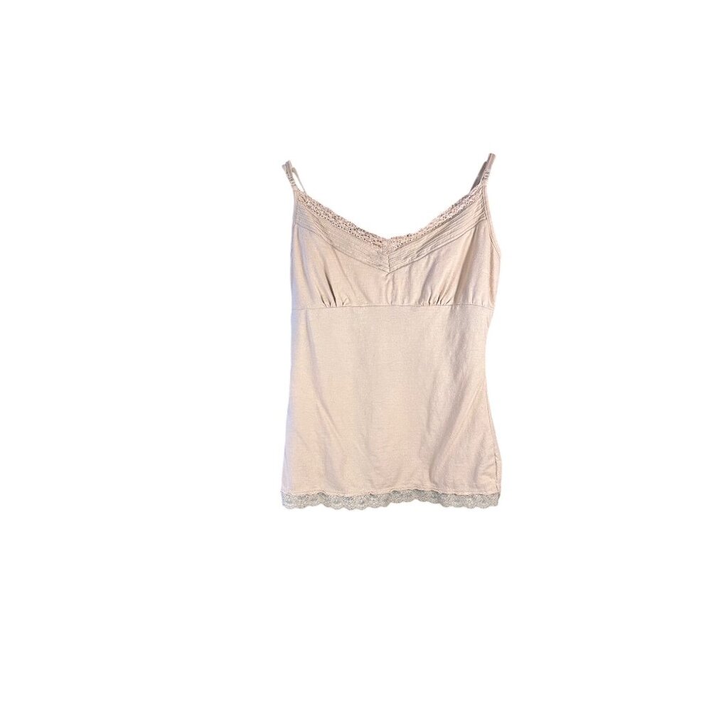 VTG Y2K Juniors L Beige Lace Trim Cami Babydoll Tank Top Adjustable Straps